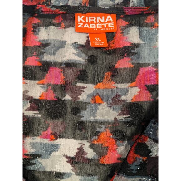 Kirna Zabete Target Top Blouse Black Red Grey XL Sleeveless Tie Neck Metallic - Picture 3 of 6